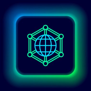 Parlayan neon hattı Global teknoloji veya sosyal ağ simgesi siyah arkaplanda izole edildi. Renkli taslak konsepti. Vektör