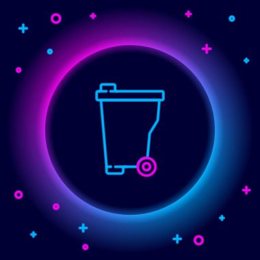 Parlayan neon hattı Çöp kutusu simgesi siyah arkaplanda izole edildi. Çöp kutusu tabelası. Sepet simgesini geri dönüştür. Ofis çöpü ikonu. Renkli taslak konsepti. Vektör
