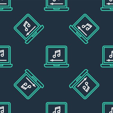 Ekran simgesinde nota sembolü olan çizgi dizüstü bilgisayarı siyah arkaplanda izole edilmiş. Vektör