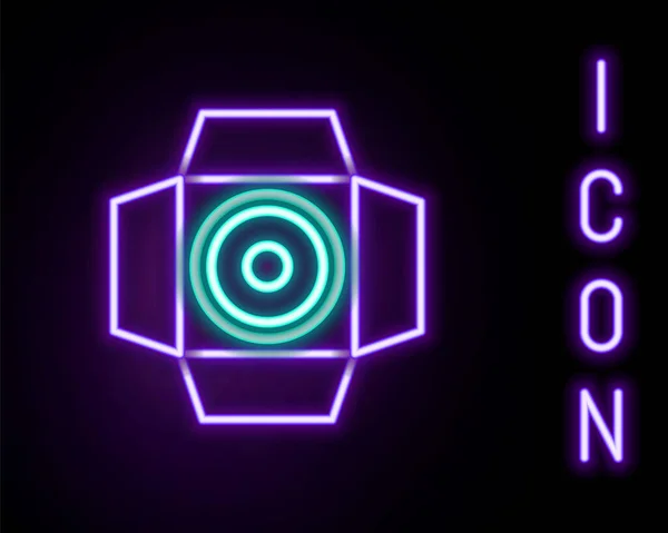 Glödande Neon Line Film Spotlight Ikon Isolerad Svart Bakgrund Ljuseffekt — Stock vektor