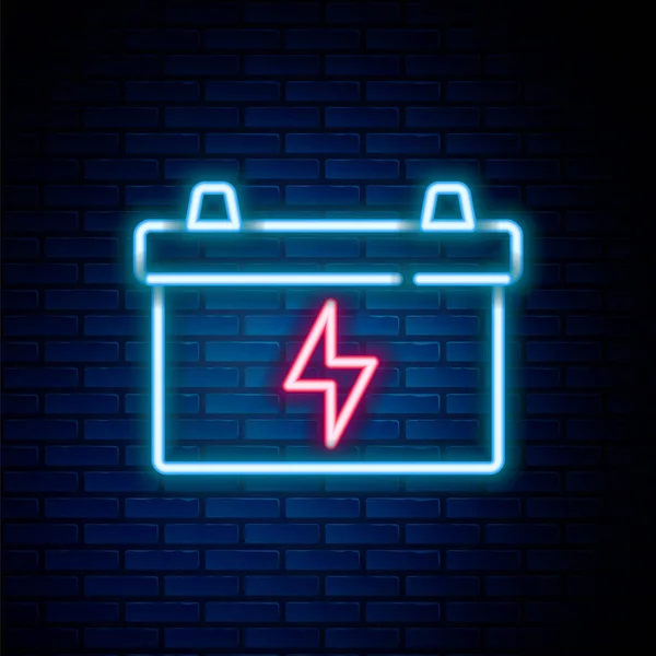 Zářící Neonová Čára Baterie Ikona Izolované Cihlové Zdi Pozadí Akumulátorová — Stockový vektor