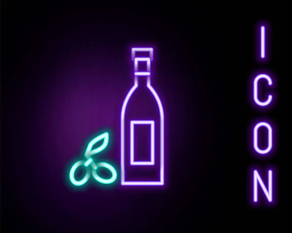 Gloeiende Neon Lijn Fles Olijfolie Pictogram Geïsoleerd Zwarte Achtergrond Kan — Stockvector