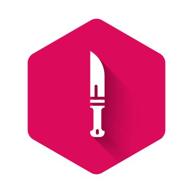 Beyaz Avcı bıçak ikonu uzun gölgeli. Ordu bıçağı. Pembe altıgen düğmesi. Vektör