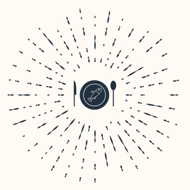 Bej arka planda izole edilmiş bir tabak ikonunda servis edilen gri balık. Soyut çember rastgele noktalar. Vektör.