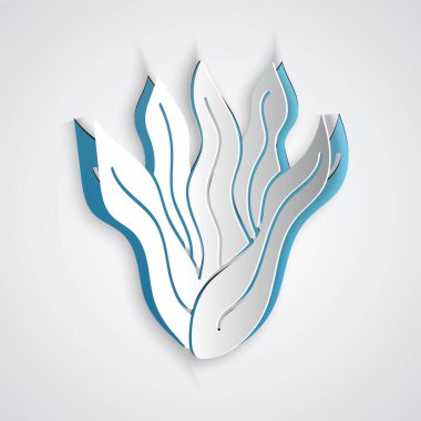 Kağıt kesiği, gri arkaplanda izole edilmiş yosun simgesi. Su altı deniz yosunu spirulinası, deniz yosunu bitkisi. Vejetaryen ve vejetaryen yemekleri. Kağıt sanatı tarzı. Vektör.