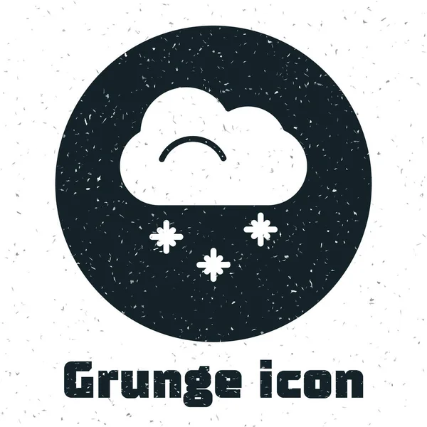 Grunge Cloud mit Schnee-Ikone auf weißem Hintergrund. Wolke mit Schneeflocken. Ein Wettersymbol. Schneeschild. Monochrome Vintage-Zeichnung. Vektorillustration — Stockvektor