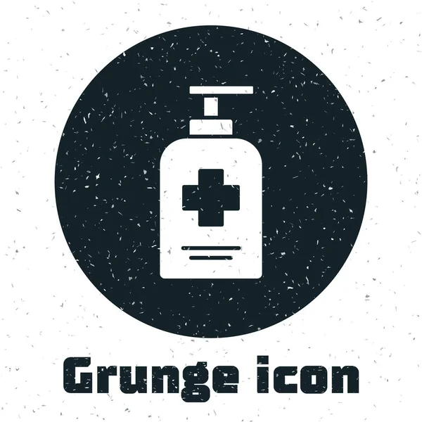 Grunge Botella de jabón líquido antibacteriano con icono del dispensador aislado sobre fondo blanco. Antiséptico. Desinfección, higiene, cuidado de la piel. Dibujo vintage monocromo. Vector. — Vector de stock