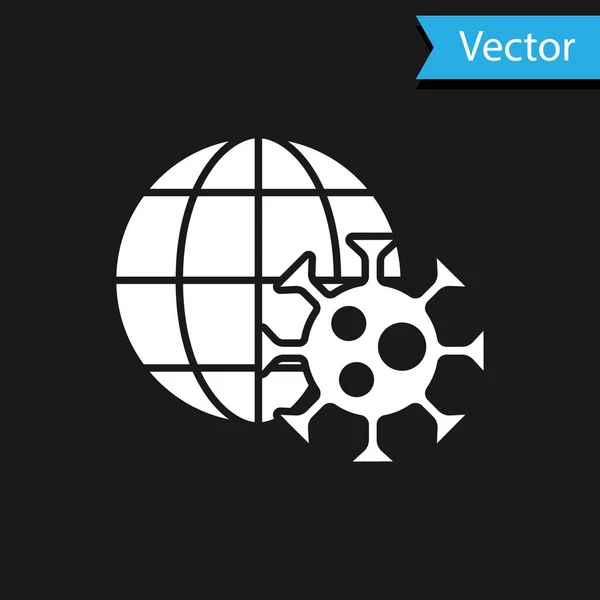 Weiße Erdkugel mit Virus-Symbol auf schwarzem Hintergrund. Corona virus 2019-nCoV. Bakterien und Keime, Zellkrebs, Mikroben, Pilze. Vektor. — Stockvektor