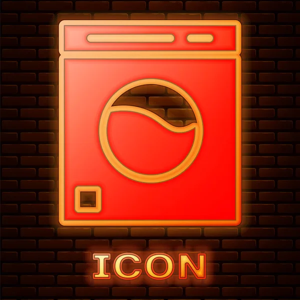 Gloeiende neon Washer icoon geïsoleerd op bakstenen muur achtergrond. Wasmachine icoon. Wasmachine - wasmachine. Huishoudapparaat symbool. Vector — Stockvector