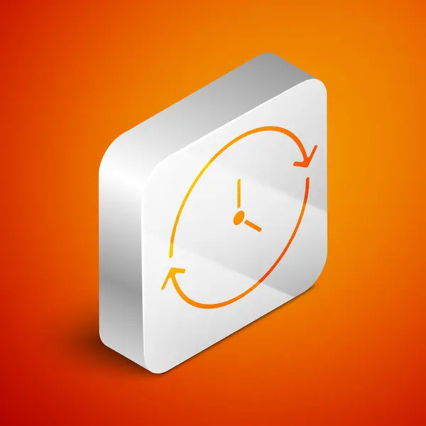 Изометрические часы значок изолирован на оранжевом фоне. Символ времени. Серебряная кнопка. Вектор — стоковый вектор