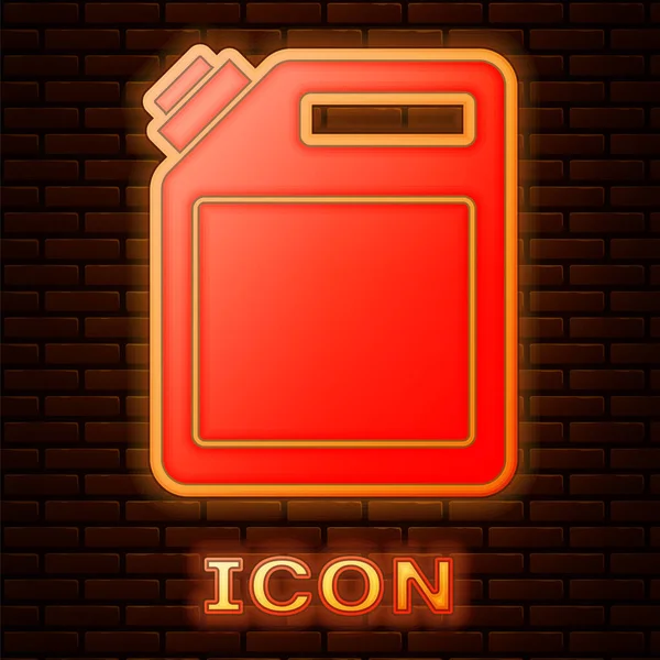 Leuchtende Neon-Kanister für Benzin-Symbol isoliert auf Backsteinwand Hintergrund. Diesel-Ikone. Vektor — Stockvektor