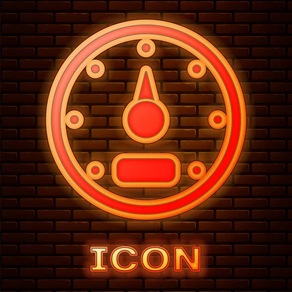 Gloeiende neon Speedometer icoon geïsoleerd op bakstenen muur achtergrond. Vector — Stockvector