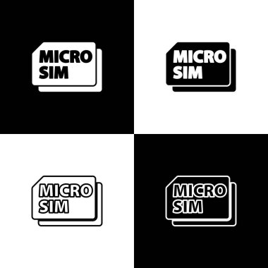 Mikro Sim Kart simgesini siyah ve beyaz arkaplanda izole et. Mobil ve kablosuz iletişim teknolojileri. Ağ çipi elektronik bağlantısı. Vektör