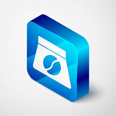 Gri arka planda izole kahve çekirdeği ikonu Isometric Bag. Mavi kare düğme. Vektör