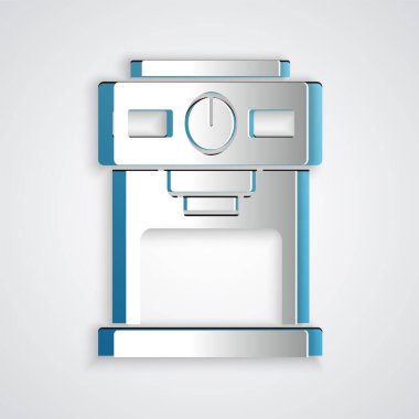 Kağıt kesiği kahve makinesi simgesi gri arka planda izole edilmiş. Kağıt sanatı tarzı. Vektör