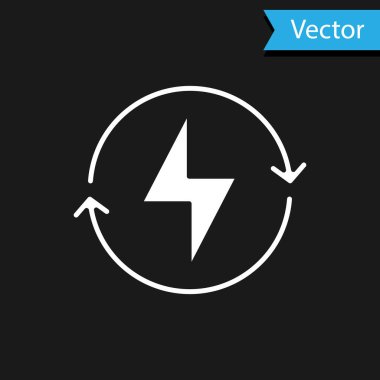 Beyaz Şimşek simgesi siyah arkaplanda izole edildi. Flaş işareti. Flaş ikonunu yükle. Gök gürültüsü. Yıldırım çarpması. Vektör