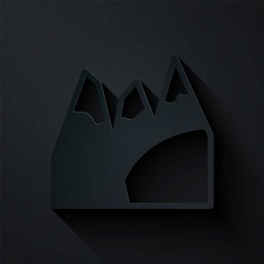 Kağıt kesiği Dağlar simgesi siyah arkaplanda izole edildi. Zaferin ya da başarının sembolü. Gol başarısı. Kağıt sanatı tarzı. Vektör