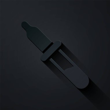 Kağıt kesiği Pipette simgesi siyah arkaplanda izole edilmiş. Tıbbi elementler, kimya laboratuarı ekipmanları. Tıp sembolü. Kağıt sanatı tarzı. Vektör