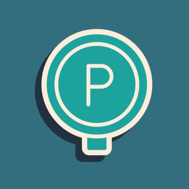 Yeşil Park simgesi yeşil arkaplanda izole edildi. Sokak tabelası. Uzun gölge tarzı. Vektör