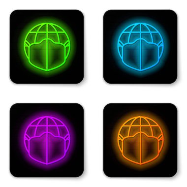 Beyaz arka planda izole edilmiş tıbbi maske ikonu ile parlayan neon çizgisi Dünya küresi. Siyah kare düğme. Vektör.
