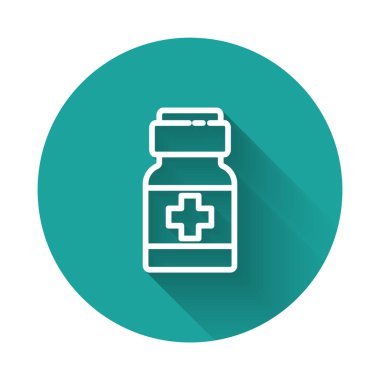 Beyaz çizgi ilaç şişesi ve uzun gölgeli ilaç ikonu. İlaç paketi. Tablet, vitamin, antibiyotik, aspirin. Yeşil daire düğmesi. Vektör.