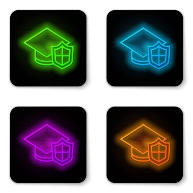 Parlak neon çizgisi mezuniyet şapkası ve beyaz arka planda izole edilmiş kalkan simgesi. Sigorta konsepti. Güvenlik, güvenlik, koruma, konsept koruma. Siyah kare düğme. Vektör.