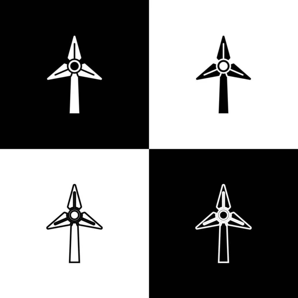 Set Icono de turbina eólica aislado sobre fondo blanco y negro. Cartel del generador eólico. Molino de viento para producción de energía eléctrica. Vector — Vector de stock