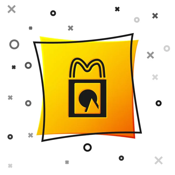 Black Paper shopping bag icon isolated on white background. Package sign. Yellow square button. Vector — Stock Vector
