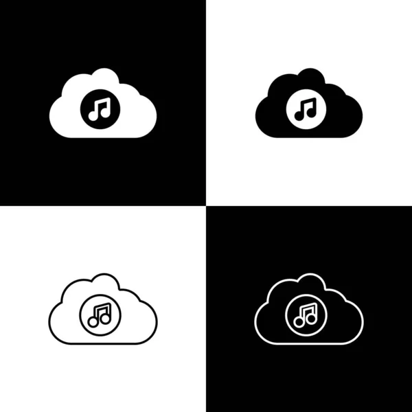 Définir l'icône du service de streaming de musique isolé sur fond noir et blanc. Cloud Computing sonore, streaming multimédia en ligne, chanson, onde audio. Vecteur — Image vectorielle