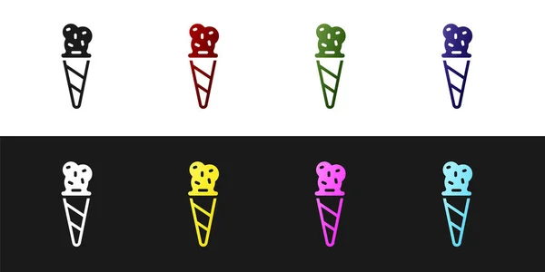 Set Eis in Waffelkegel Symbol isoliert auf schwarz-weißem Hintergrund. Süßes Symbol. Vektor — Stockvektor