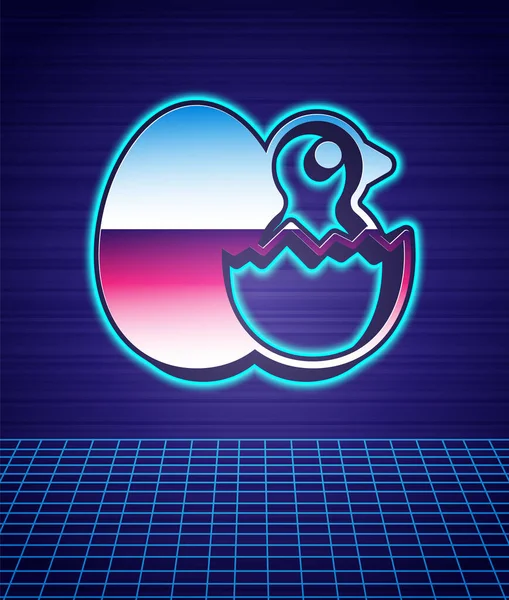 Retro-Stil Little chick in Cracked-Ei-Symbol isoliert futuristischen Landschaft Hintergrund. 80er-Jahre-Modeparty. Vektor — Stockvektor