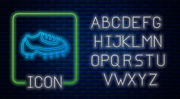Glowing neon Baseball boot icon isolated on brick wall background. Neon light alphabet. Vector — Stock Vector