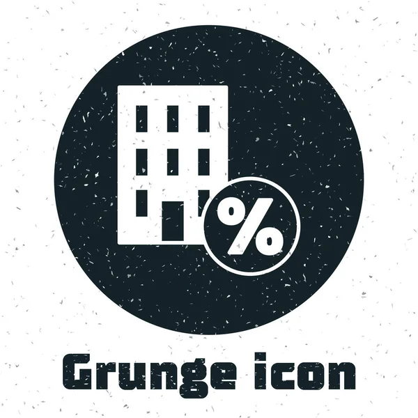 Grunge House con percant icono de etiqueta de descuento aislado sobre fondo blanco. Casa de bienes raíces. Porcentaje de crédito. Dibujo vintage monocromo. Vector — Vector de stock