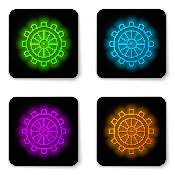 Glowing neon line Ship steering wheel icon isolated on white background. Black square button. Vector — Stock Vector