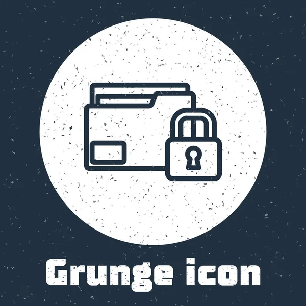 Grunge Line Ordner und Schloss Icon isoliert auf grauem Hintergrund. Geschlossene Ordner und Vorhängeschloss. Sicherheit, Sicherheit, Schutzkonzept. Monochrome Vintage-Zeichnung. Vektor — Stockvektor