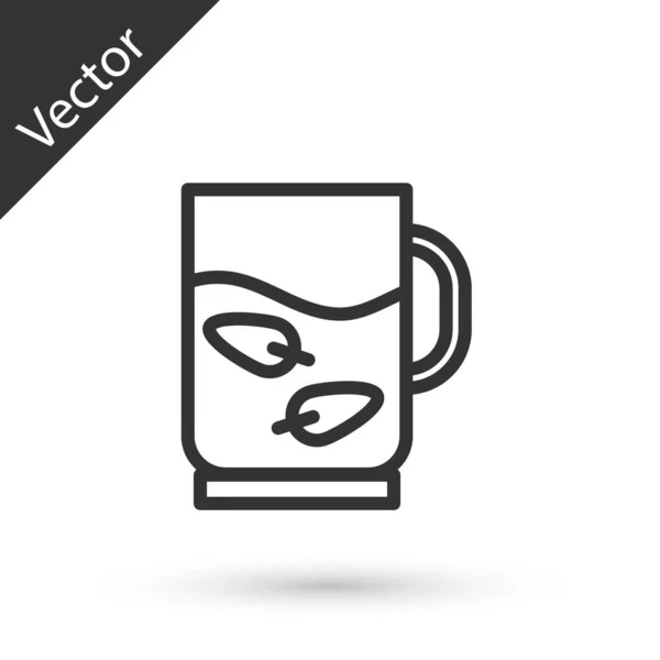 Linha cinza Xícara de chá e folha ícone isolado no fundo branco. Vetor — Vetor de Stock