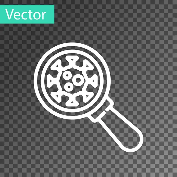 Ligne blanche Virus sous loupe icône en verre isolé sur fond transparent. Virus Corona 2019-nCoV. Bactéries et germes, microbes, champignons. Vecteur. — Image vectorielle