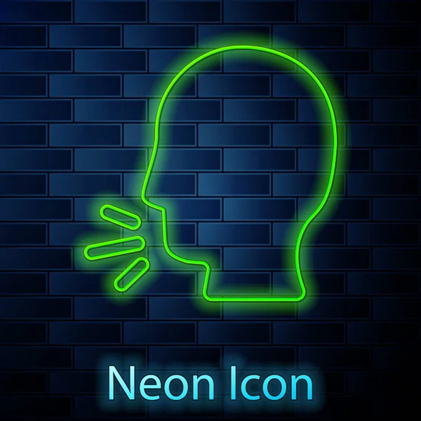 Glödande neon line Man hosta ikon isolerad på tegelvägg bakgrund. Virusinfektion, influensa, förkylningssymtom. Tuberkulos, påssjuka, kikhosta. Vektor.. — Stock vektor
