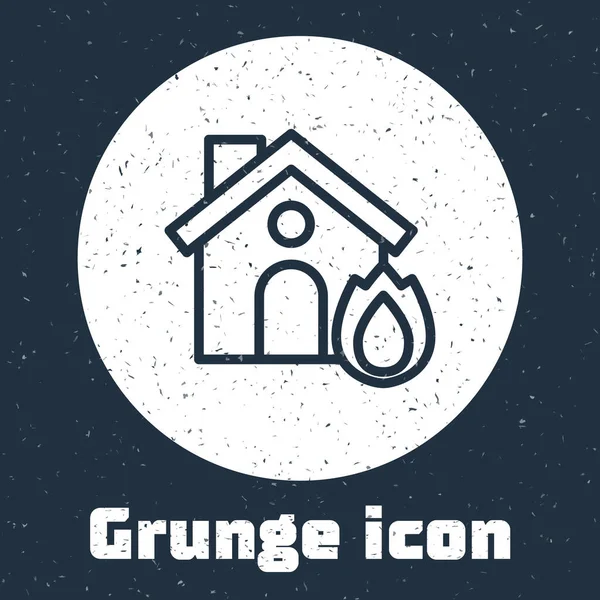 Grunge line Fogo no ícone da casa em chamas isolado no fundo cinza. Conceito de seguro. Segurança, segurança, proteção, proteger o conceito. Desenho vintage monocromático. Vetor. —  Vetores de Stock