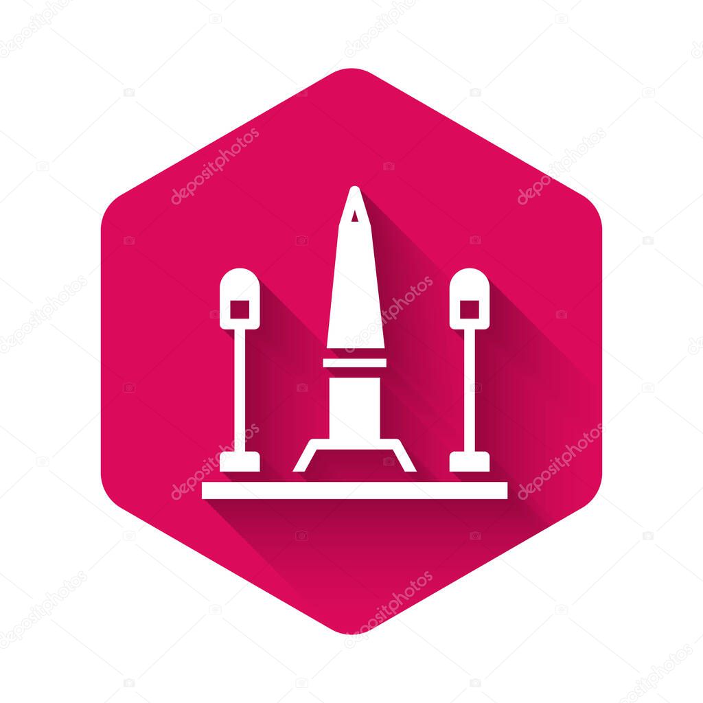 White Place De La Concorde in Paris, France icon isolated with long shadow. Pink hexagon button. Vector