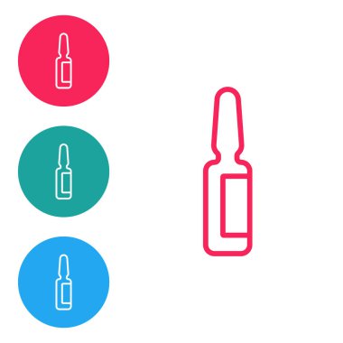 Kırmızı çizgi diş ağrısı ağrı kesici tablet simgesi beyaz arka planda izole edildi. Diş bakımı ilacı. Kapsül hapı ve ilaç. Eczane tasarımı. Simgeleri daire düğmelerine ayır. Vektör