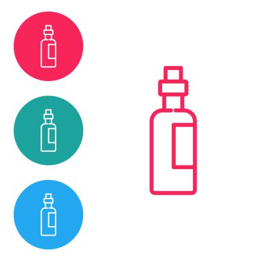 Kırmızı çizgili zeytinyağı şişesi beyaz arka planda izole edilmiş. Zeytinyağı ikonlu sürahi. Simgeleri daire düğmelerine ayır. Vektör