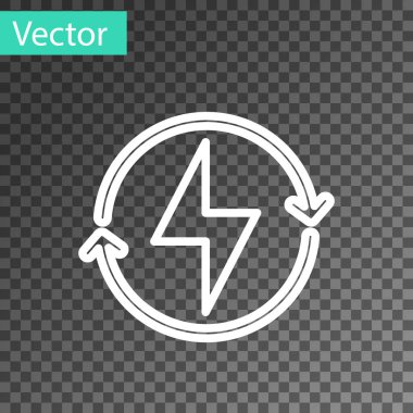 Beyaz çizgi Şimşek simgesi şeffaf arkaplanda izole edildi. Flaş işareti. Flaş ikonunu yükle. Gök gürültüsü. Yıldırım çarpması. Vektör