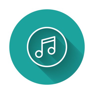 Beyaz çizgi müzik notası, ton simgesi uzun gölgeli. Yeşil daire düğmesi. Vektör