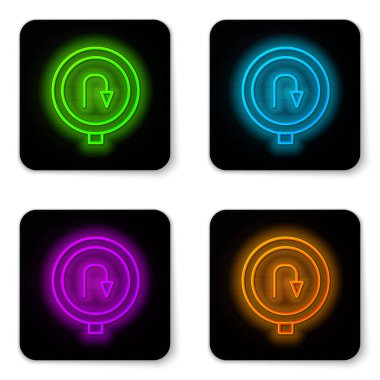 Parlayan neon hattı. Arka yol simgesi beyaz arkaplanda izole edildi. Trafik kuralları ve güvenli sürüş. Siyah kare düğme. Vektör