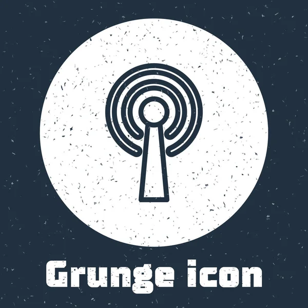 Línea Grunge Icono de antena aislado sobre fondo gris. Antena de radio inalámbrica. Tecnología y señal de red antena de radio. Dibujo vintage monocromo. Vector — Vector de stock