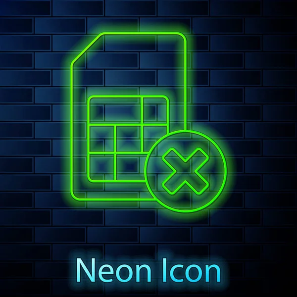 Glödande neon linje Sim kort avvisade ikon isolerad på tegel vägg bakgrund. Mobiltelefon simulatorkort chip. Symbolen för mobil telekommunikationsteknik. Vektor — Stock vektor