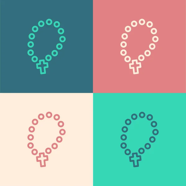 Pop art line Rosary beads religion icon isolated on color background. Vector — Stock Vector