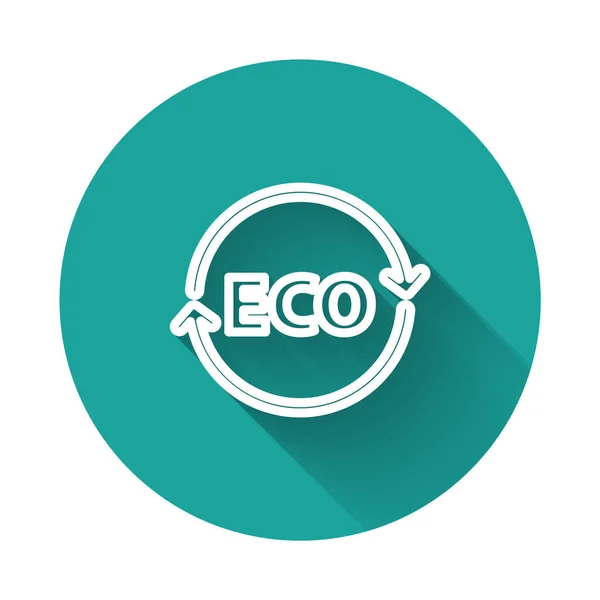 Vit linje Banner, etikett, tagg, logotyp för eko grön hälsosam mat ikon isolerad med lång skugga. Ekologisk produkt. Klistermärke för hälsosam mat. Grön cirkel knapp. Vektor — Stock vektor