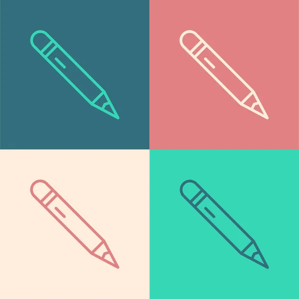 Pop art line Pencil with eraser icon isolated on color background. Drawing and educational tools. School office symbol. Vector — Stock Vector